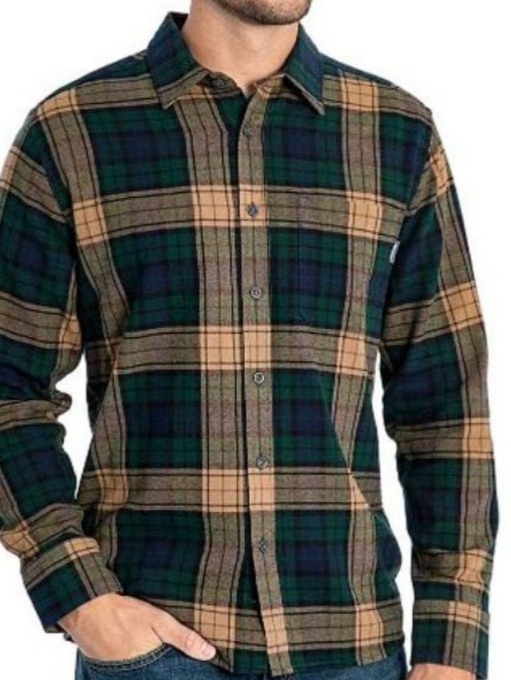 Eddie Bauer Green and Tan Plaid Button-Down Shirt
